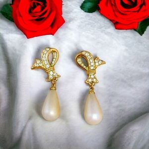 Faux Pearl and Rhinestone Gold Tone Earrings